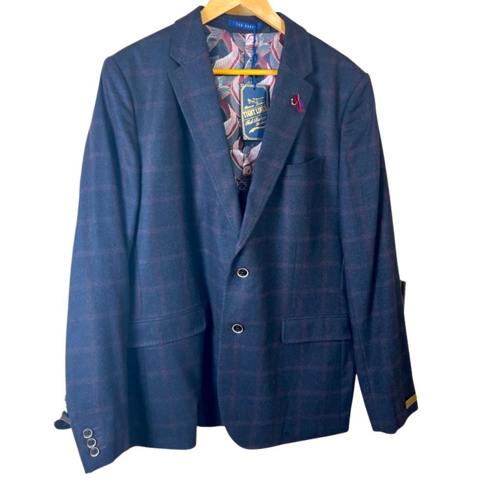 Ted Baker London Tight Lines Plaid Navy Wool Big & Tall Blazer Jacket Size: 2XL